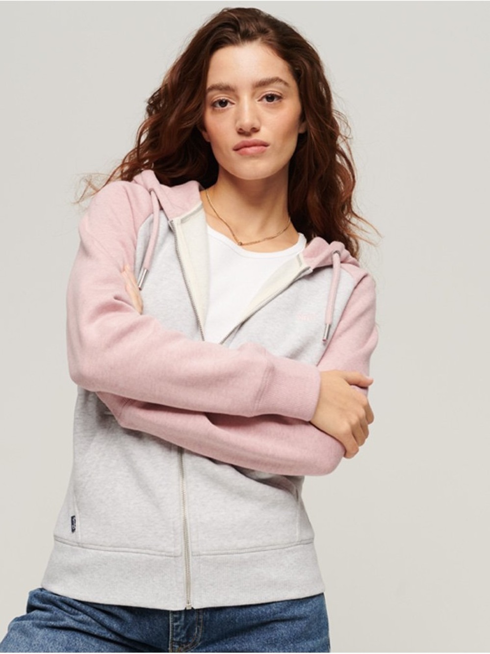 Superdry Vintage Logo Baseball Zip Hoodie Pink Grey US 6 Cozy Streetwear
